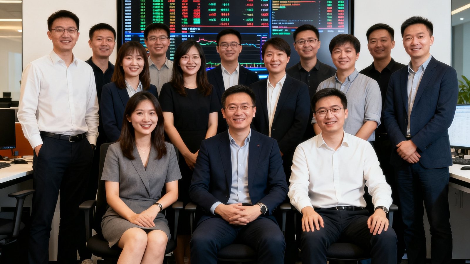 雷速比分上海办公室团队合影，背后显示数据大屏